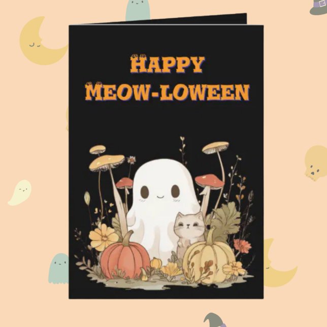 Happy Meow Loween Cat Ghost photo cartes Halloween (Créateur téléchargé)