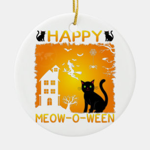 Happy Meow-O-Ween – Black Cats, Haunted House Ceramic Ornament