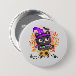 Happy Meow-o-ween -Black Witch Cat 3 Inch Round Button