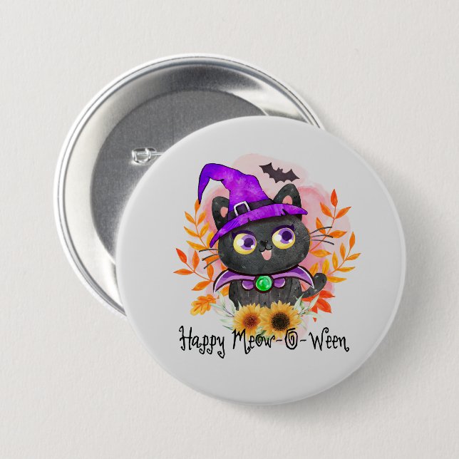Happy Meow-o-ween -Black Witch Cat 3 Inch Round Button (Front & Back)