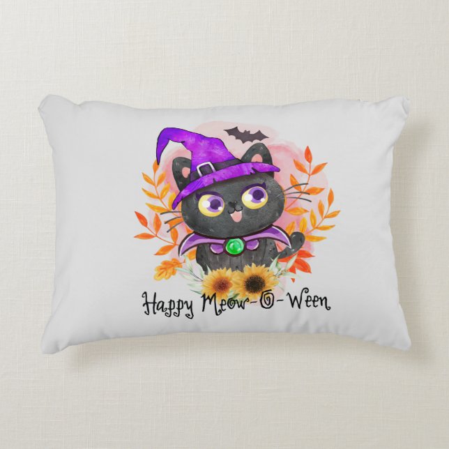 Happy Meow-o-ween -Black Witch Cat Accent Pillow (Front)