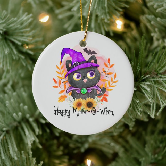 Happy Meow-o-ween -Black Witch Cat Ceramic Ornament (Tree)
