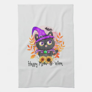 Happy Meow-o-ween -Black Witch Cat Kitchen Towel