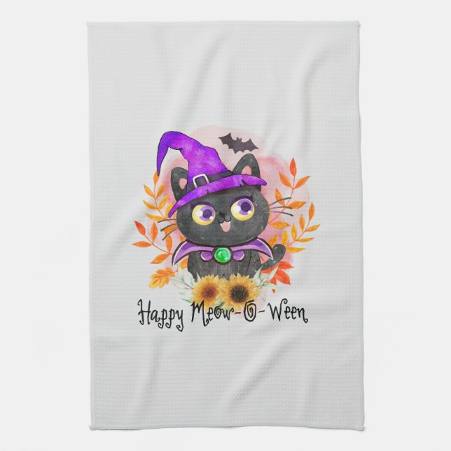 Happy Meow-o-ween -Black Witch Cat Kitchen Towel (Vertical)
