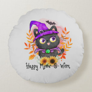 Happy Meow-o-ween -Black Witch Cat Round Pillow