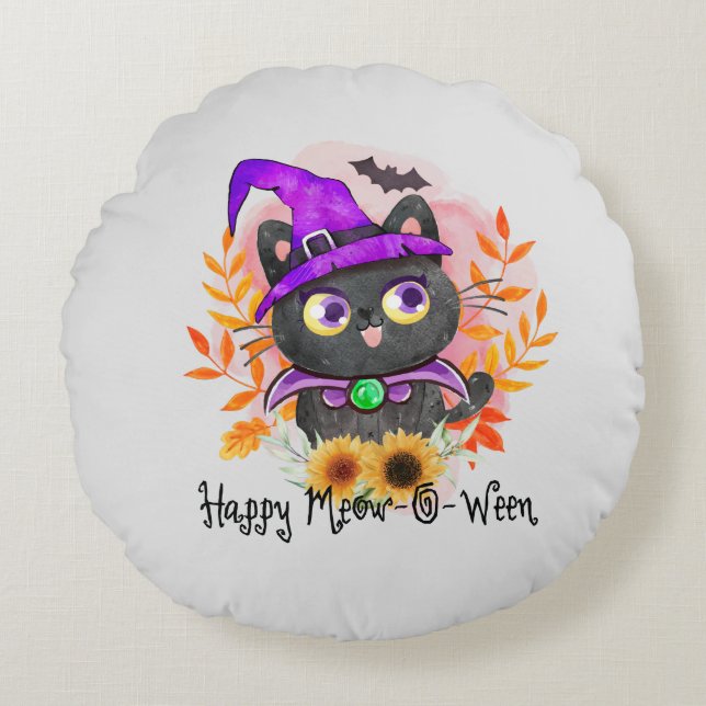 Happy Meow-o-ween -Black Witch Cat Round Pillow (Front)