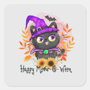 Happy Meow-o-ween -Black Witch Cat Square Sticker