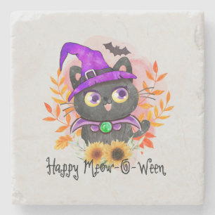 Happy Meow-o-ween -Black Witch Cat Stone Coaster