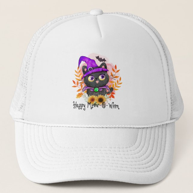 Happy Meow-o-ween -Black Witch Cat Trucker Hat (Front)