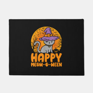 Happy Meow O Ween Pumpkin Cat Witch Full Moon Hall Doormat