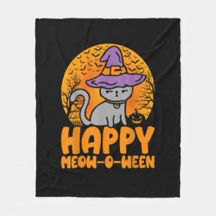 Happy Meow O Ween Pumpkin Cat Witch Full Moon Hall Fleece Blanket