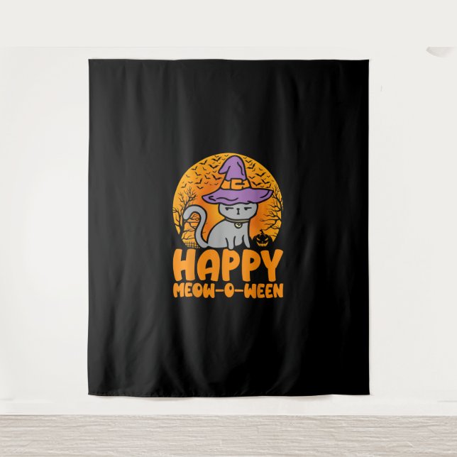 Happy Meow O Ween Pumpkin Cat Witch Full Moon Hall Tapestry (Front)