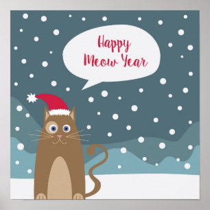 Happy Meow Year holidays kitten animal in snow Poster