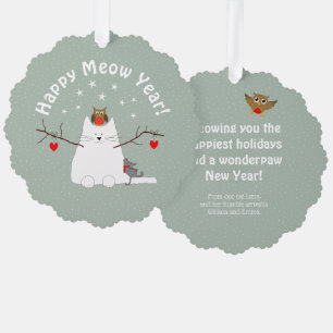 'Happy Meow Year!" Snowcat Round Ornament Card