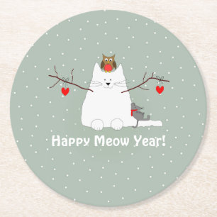 'Happy Meow Year!' Snowcat  Round Paper Coaster