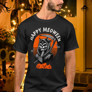 Happy Meoween Spooky Grim Reaper Cat Halloween T-Shirt