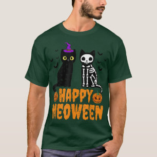 Happy Meoween Witch Cats Skeleton Cats Halloween P T-Shirt