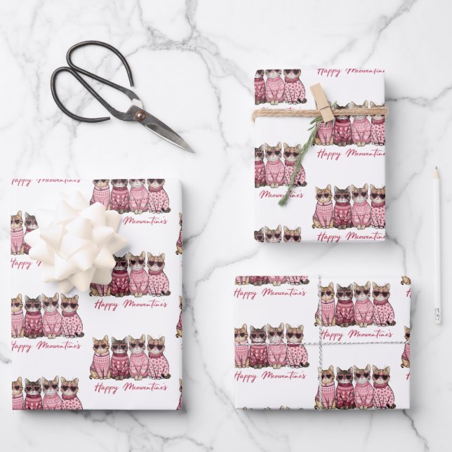 Happy Meowentine's Cats in Sweaters Valentines Wrapping Paper Sheet (Front)