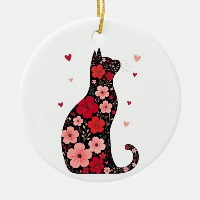 Happy Meowentine's Day Floral Cat Valentines Day Ceramic Ornament (Front)