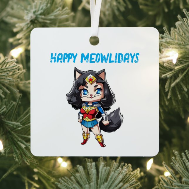 Happy Meowlidays Wonder Cat Metal Ornament (Insitu)