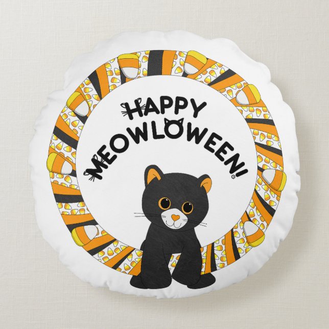 Happy Meowloween Black Cat Halloween Candy Corn Round Pillow (Front)