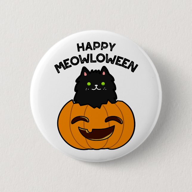 Happy Meowloween Cute Halloween Black Cat Pun 2 Inch Round Button (Front)