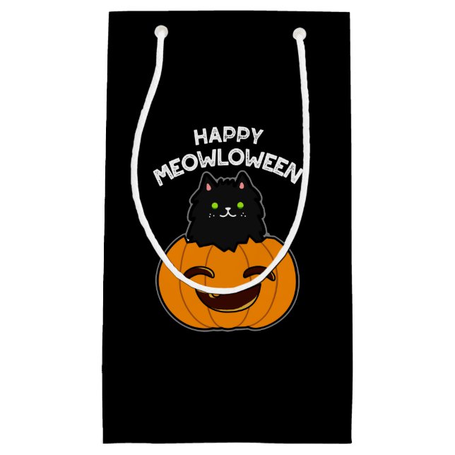 Happy Meowloween Funny Halloween Pun Dark BG Small Gift Bag (Front)