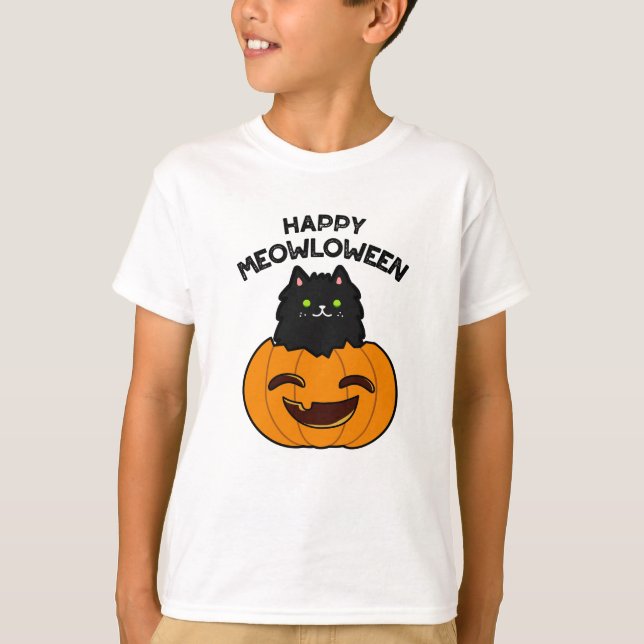 Happy Meowloween Funny Halloween Pun  T-Shirt (Front)