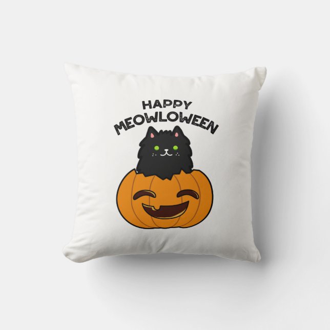 Happy Meowloween Funny Halloween Pun  Throw Pillow (Front)