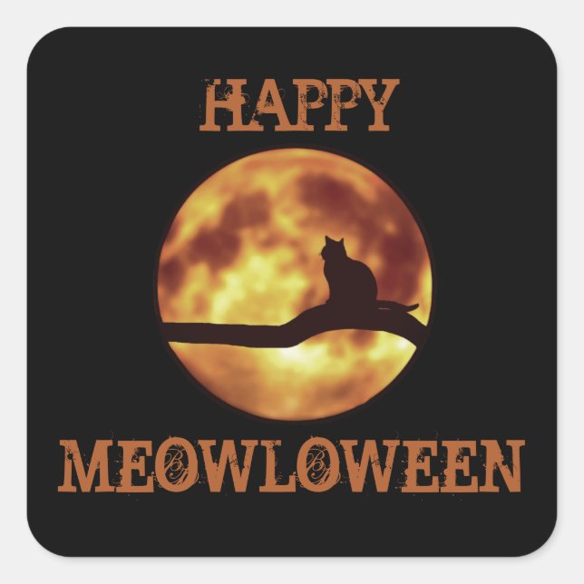 Happy MEOWloween Moon Black Cat Silhouette Pun Square Sticker (Front)