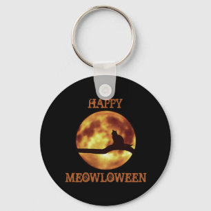 Happy MEOWloween Moon Black Cat Silhouette Pun T-S Keychain