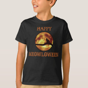 Happy MEOWloween Moon Black Cat Silhouette Pun T-Shirt