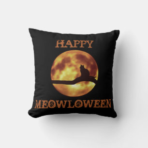 Happy MEOWloween Moon Black Cat Silhouette Pun Throw Pillow