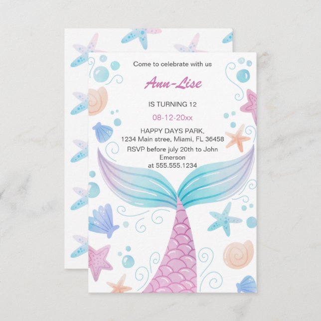 Happy Mermaid Birthday Invitation (Front/Back)