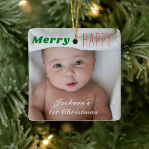 Happy Merry Baby's 1st Christmas Xmas Photo Ceramic Ornament