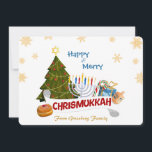 Happy & Merry Chrismukkah with Menorah & Xmas Tree Holiday Card<br><div class="desc">Celebrate the blended holiday season with this uniquely festive Chrismukkah design! Featuring a bright green Christmas tree adorned with lights and topped with a Star of David, the design beautifully pairs traditional symbols. Alongside the tree sits a glowing menorah with brightly lit candles, a pile of festive gifts including a...</div>