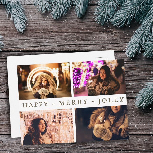 Happy Merry Jolly 4 Photo Collage Holiday Postcard (Creator Uploaded)