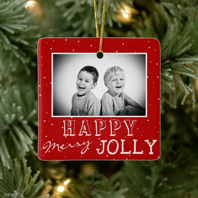 Happy Merry Red White Typography Christmas Photo Ceramic Ornament (Tree)