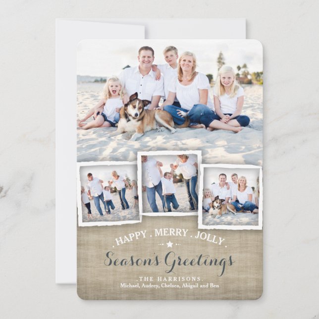Happy Merry Rustic Burlap Photo Season's Greeting Holiday Card (Front)