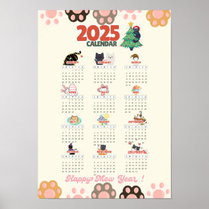 Happy Mew Year 2025 wall calendar for cat's lovers Poster