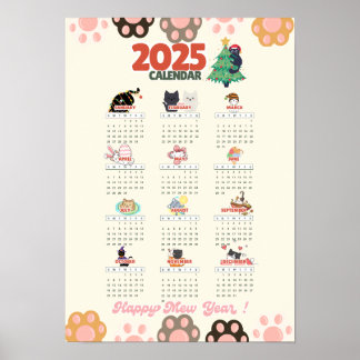 Happy Mew Year 2025 wall calendar for cat's lovers Poster