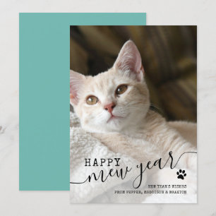 Happy Mew Year Cat Photo Pet Red New Years Holiday Card