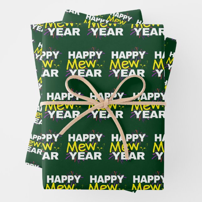 Happy Mew Year - New Year Cat Lover Wrapping Paper Sheet (In situ)