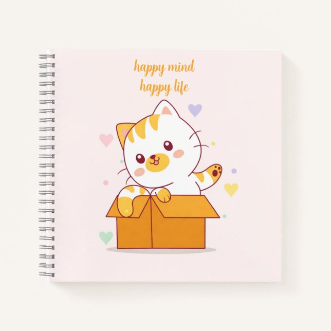 Happy Mind Happy Life Cute Cat Illustration Notebook (Front)