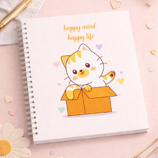 Happy Mind Happy Life Cute Cat Illustration Notebook