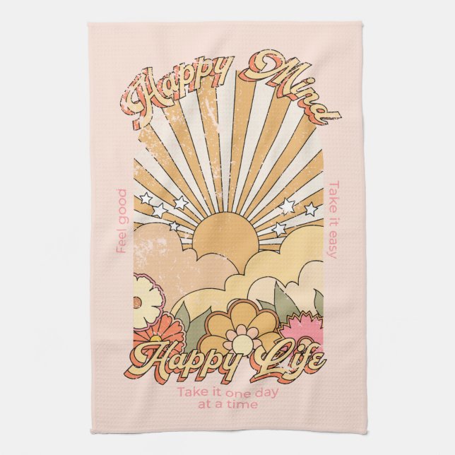 Happy Mind Happy Life Hippy Groovy Vibes Kitchen Towel (Vertical)