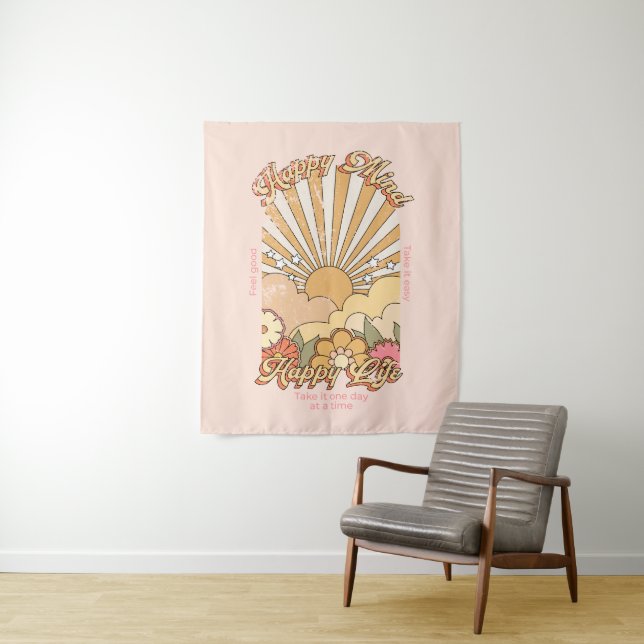 Happy Mind Happy Life Hippy Groovy Vibes Tapestry (In Situ)