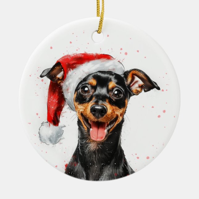 Happy Mini Pinscher Dog Christmas Personalized Ceramic Ornament (Front)