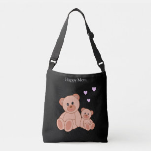 Happy Mom & Cute Bears on Black Crossbody Bag