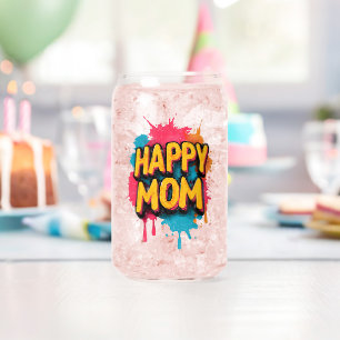 Happy Mom Text with Bright Paint Splatters Can Glass